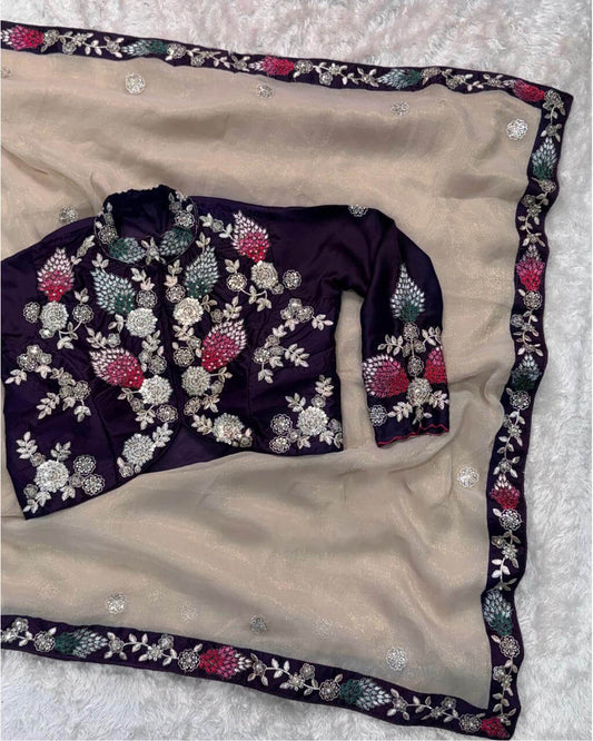 Vibrant Beige Rangoli Silk Sequence Embroidery Work Saree With Stitched Blouse