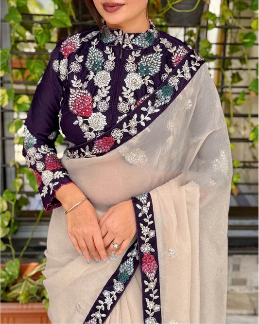 Vibrant Beige Rangoli Silk Sequence Embroidery Work Saree With Stitched Blouse