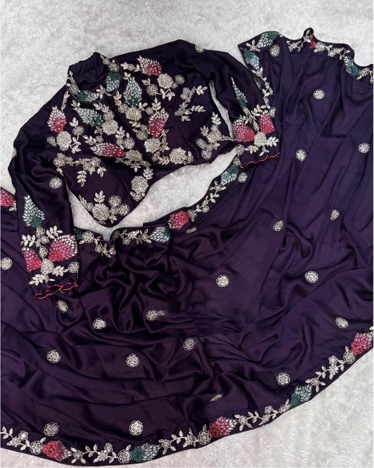 Majestic Purple Rangoli Silk Sequence Embroidery Work Saree With Stitched Blouse