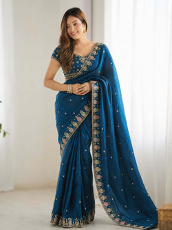 Lovely Blue Fendy Silk Sequence Embroidery Work Saree With Stitched Blouse