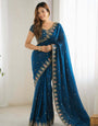 Lovely Blue Fendy Silk Sequence Embroidery Work Saree With Stitched Blouse