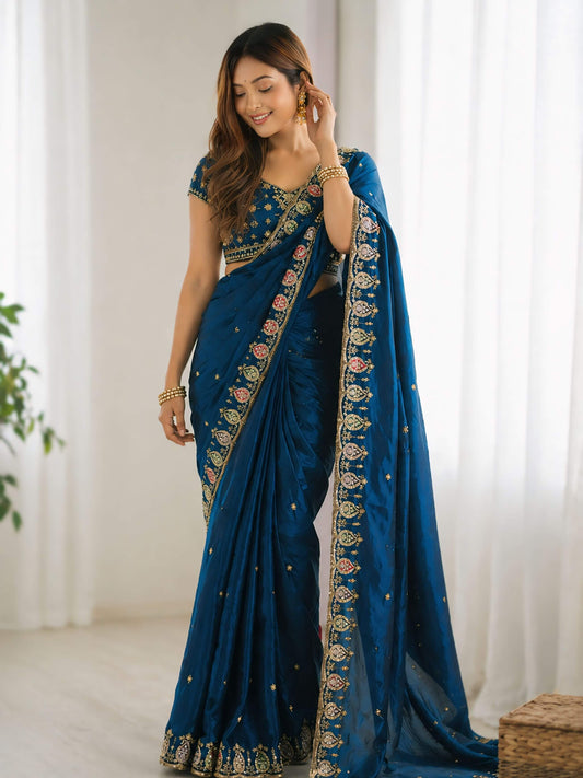 Lovely Blue Fendy Silk Sequence Embroidery Work Saree With Stitched Blouse