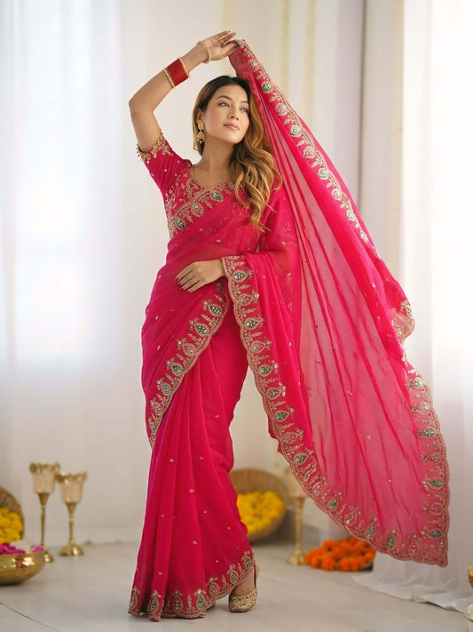 Proficient Dark Pink Fendy Silk Sequence Embroidery Work Saree With Stitched Blouse