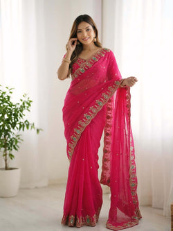 Proficient Dark Pink Fendy Silk Sequence Embroidery Work Saree With Stitched Blouse