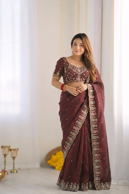 Rhapsody Maroon Fendy Silk Sequence Embroidery Work Saree With Stitched Blouse