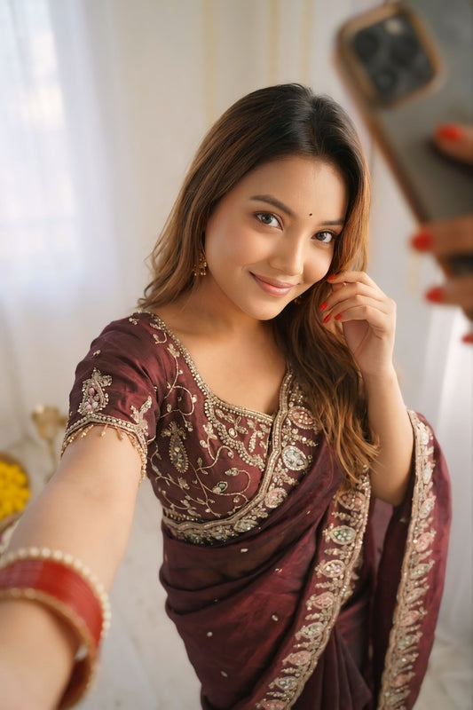 Rhapsody Maroon Fendy Silk Sequence Embroidery Work Saree With Stitched Blouse