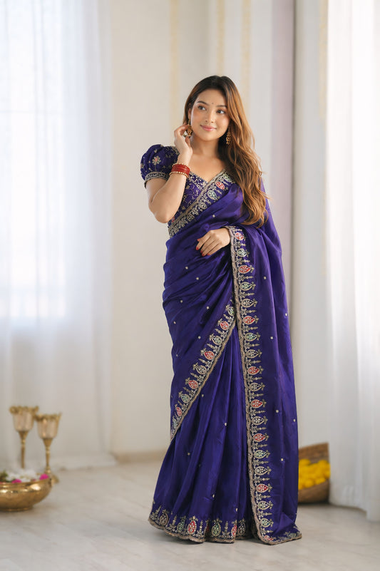 Preferable Royal Blue Fendy Silk Sequence Embroidery Work Saree With Stitched Blouse