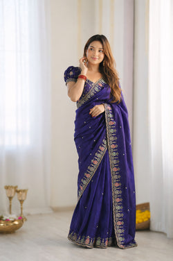 Preferable Royal Blue Fendy Silk Sequence Embroidery Work Saree With Stitched Blouse