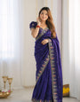 Preferable Royal Blue Fendy Silk Sequence Embroidery Work Saree With Stitched Blouse