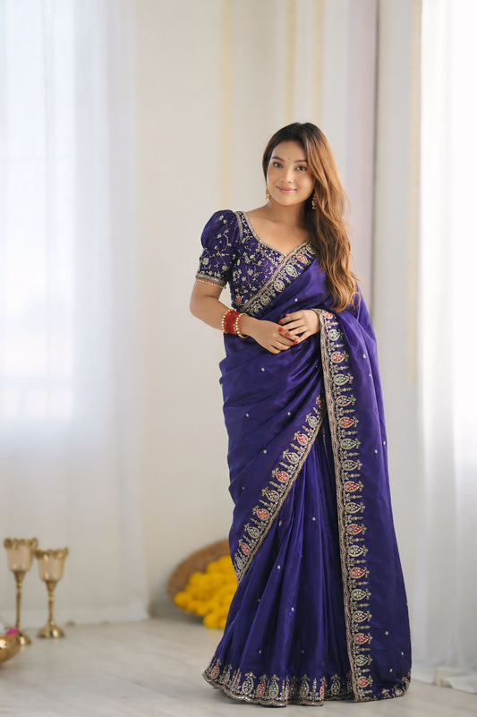 Preferable Royal Blue Fendy Silk Sequence Embroidery Work Saree With Stitched Blouse