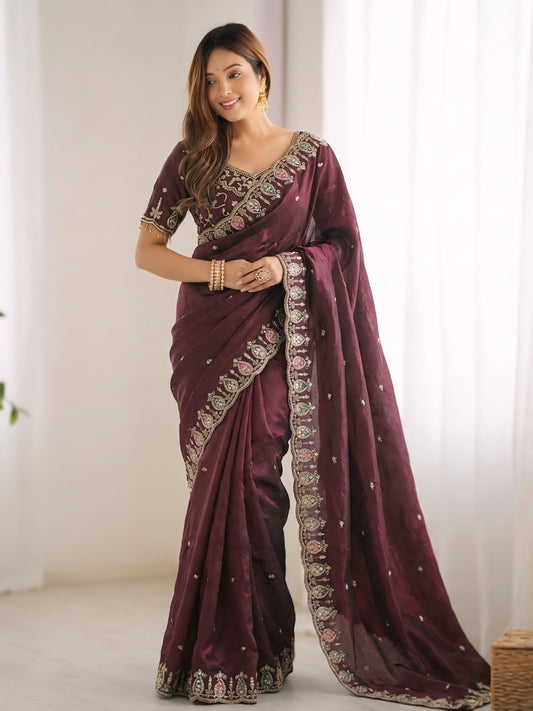 Nemesis Wine Fendy Silk Sequence Embroidery Work Saree With Stitched Blouse