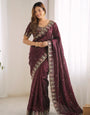 Nemesis Wine Fendy Silk Sequence Embroidery Work Saree With Stitched Blouse