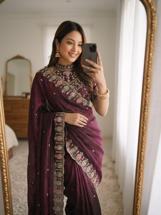 Nemesis Wine Fendy Silk Sequence Embroidery Work Saree With Stitched Blouse