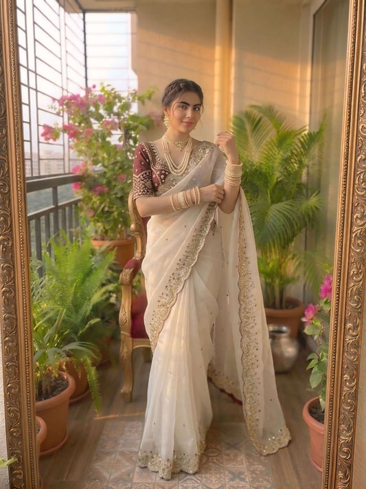 Delectable Beige Fendy Silk Sequence Embroidery Work Saree With Stitched Blouse