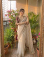 Delectable Beige Fendy Silk Sequence Embroidery Work Saree With Stitched Blouse