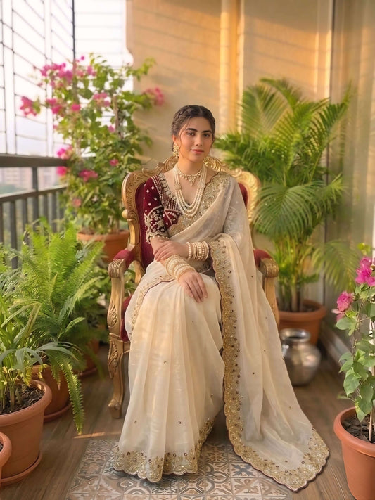 Delectable Beige Fendy Silk Sequence Embroidery Work Saree With Stitched Blouse