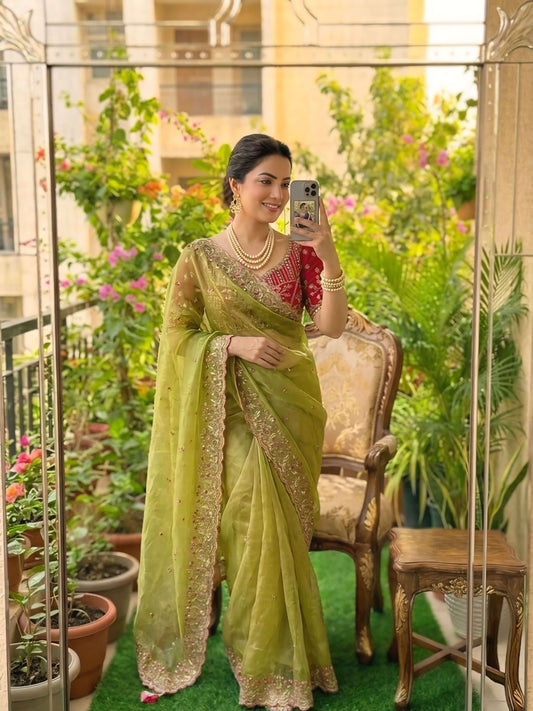 Innovative Green Fendy Silk Sequence Embroidery Work Saree With Stitched Blouse