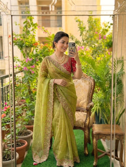 Innovative Green Fendy Silk Sequence Embroidery Work Saree With Stitched Blouse