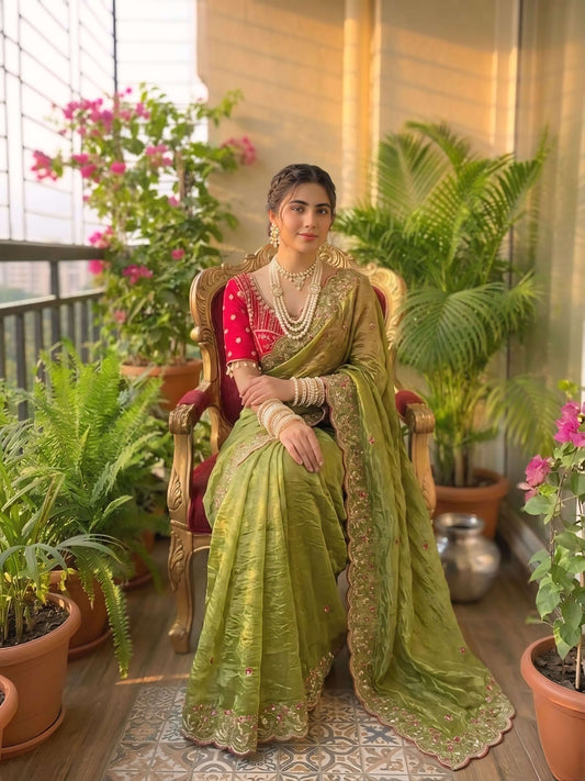 Innovative Green Fendy Silk Sequence Embroidery Work Saree With Stitched Blouse