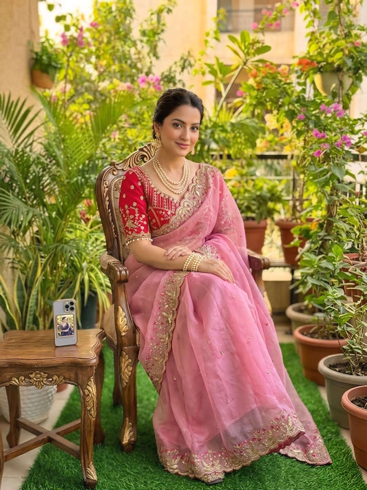 Seraglio Pink Fendy Silk Sequence Embroidery Work Saree With Stitched Blouse