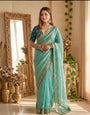 Extraordinary Turquoise Fendy Silk Sequence Embroidery Work Saree With Stitched Blouse