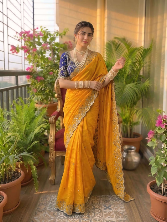 Demure Yellow Fendy Silk Sequence Embroidery Work Saree With Stitched Blouse