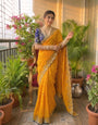 Demure Yellow Fendy Silk Sequence Embroidery Work Saree With Stitched Blouse