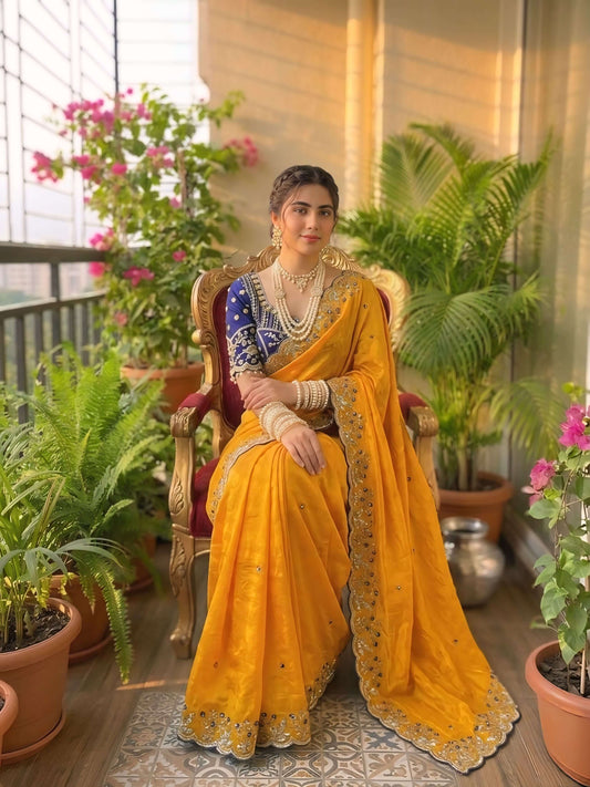 Demure Yellow Fendy Silk Sequence Embroidery Work Saree With Stitched Blouse