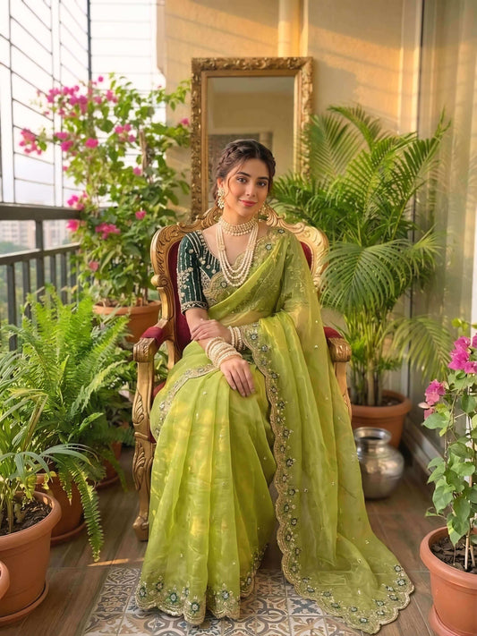 Pulsating Green Fendy Silk Sequence Embroidery Work Saree With Stitched Blouse