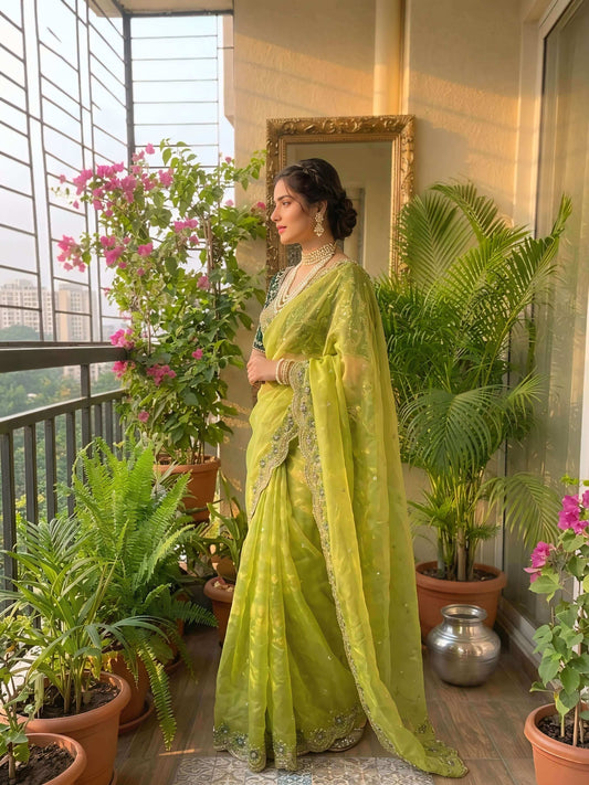 Pulsating Green Fendy Silk Sequence Embroidery Work Saree With Stitched Blouse