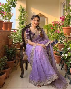 Energetic Lavender Fendy Silk Sequence Embroidery Work Saree With Stitched Blouse