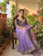 Energetic Lavender Fendy Silk Sequence Embroidery Work Saree With Stitched Blouse