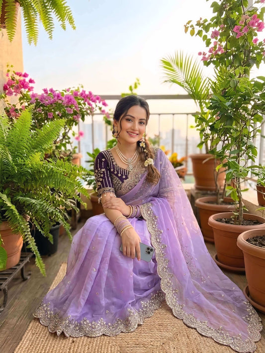 Energetic Lavender Fendy Silk Sequence Embroidery Work Saree With Stitched Blouse