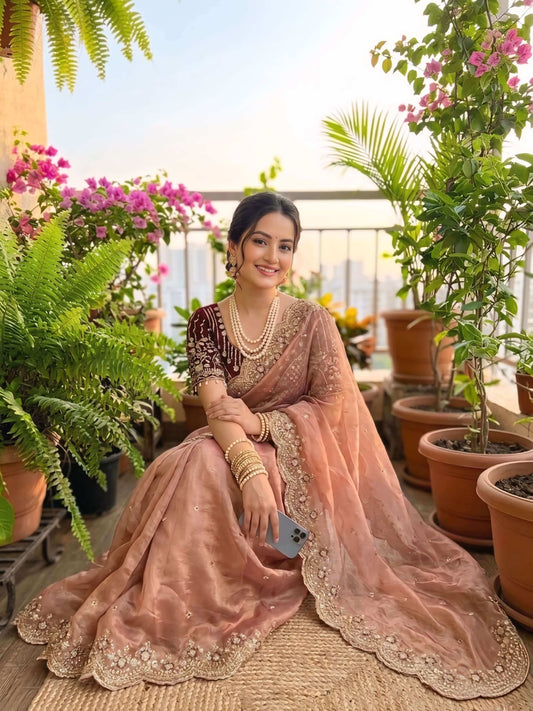 Enamoring Peach Fendy Silk Sequence Embroidery Work Saree With Stitched Blouse