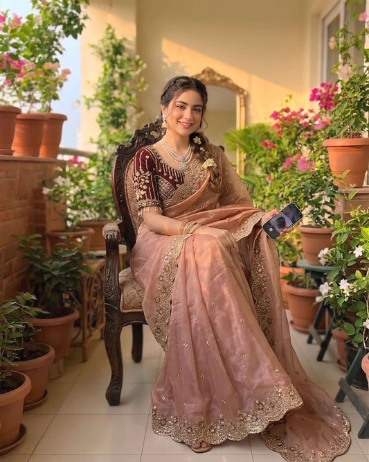 Enamoring Peach Fendy Silk Sequence Embroidery Work Saree With Stitched Blouse