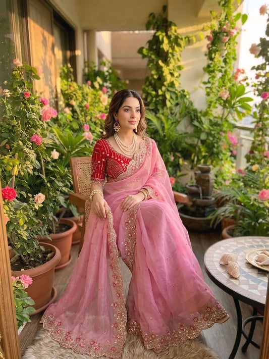 Ineffable Pink Fendy Silk Sequence Embroidery Work Saree With Stitched Blouse