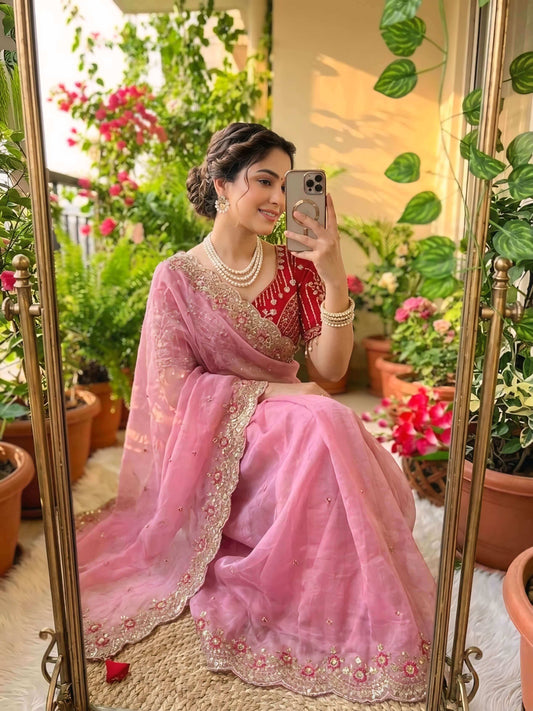 Ineffable Pink Fendy Silk Sequence Embroidery Work Saree With Stitched Blouse