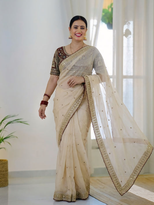 Prominent Beige Rangoli Silk Sequence Embroidery Work Saree With Stitched Blouse
