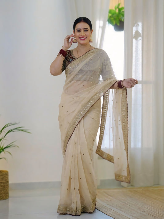 Prominent Beige Rangoli Silk Sequence Embroidery Work Saree With Stitched Blouse