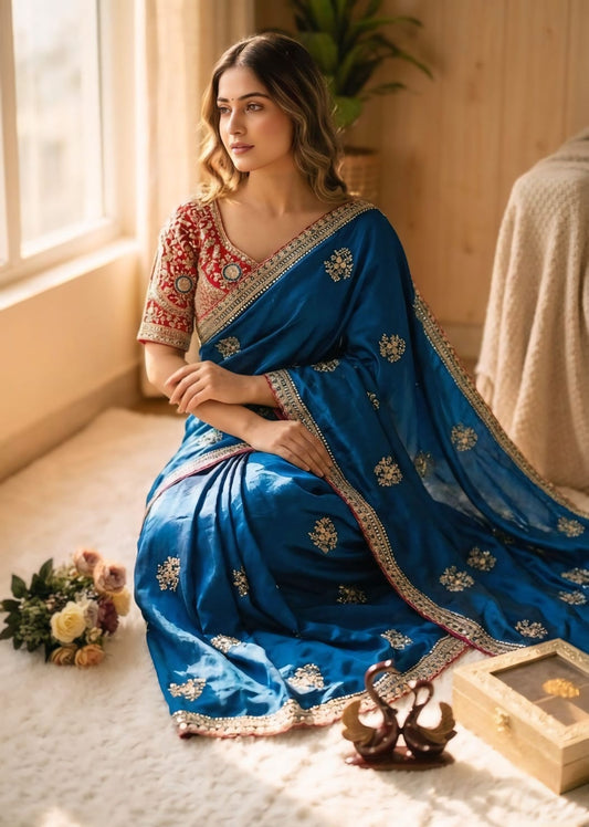 Piquant Blue Fandy Silk Sequence Embroidery Work Saree With Stitched Blouse