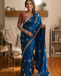 Piquant Blue Fandy Silk Sequence Embroidery Work Saree With Stitched Blouse