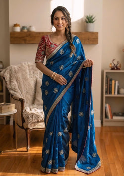 Piquant Blue Fandy Silk Sequence Embroidery Work Saree With Stitched Blouse