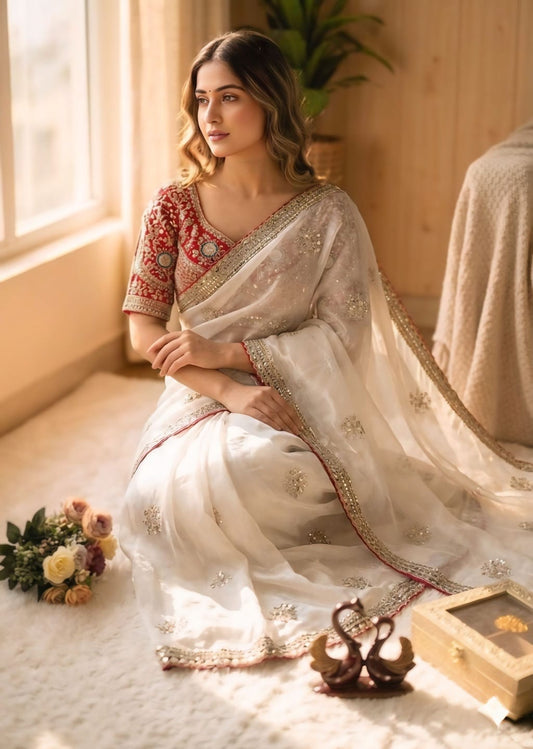 Captivating Off White Fandy Silk Sequence Embroidery Work Saree With Stitched Blouse