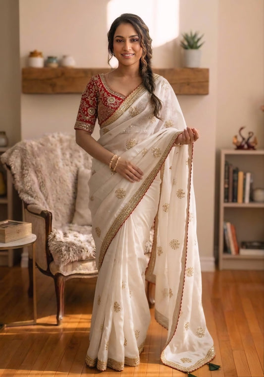 Captivating Off White Fandy Silk Sequence Embroidery Work Saree With Stitched Blouse