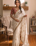 Captivating Off White Fandy Silk Sequence Embroidery Work Saree With Stitched Blouse