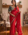 Eloquence Red Fandy Silk Sequence Embroidery Work Saree With Stitched Blouse