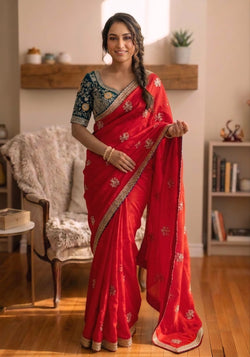 Eloquence Red Fandy Silk Sequence Embroidery Work Saree With Stitched Blouse