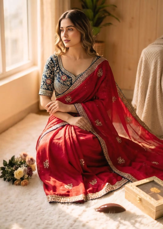 Eloquence Red Fandy Silk Sequence Embroidery Work Saree With Stitched Blouse