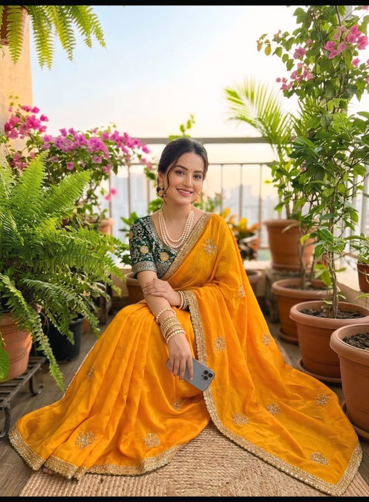 Incomparable Yellow Fandy Silk Sequence Embroidery Work Saree With Stitched Blouse