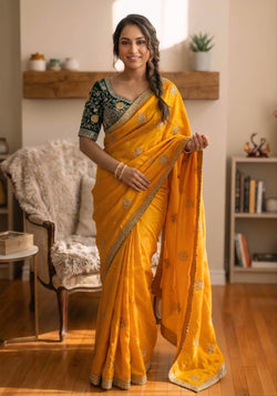 Incomparable Yellow Fandy Silk Sequence Embroidery Work Saree With Stitched Blouse
